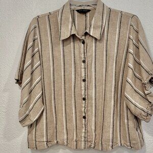 Banana Republic Boxy Cropped Top Tan MultiColor Stripes Linen Blend Womens Large